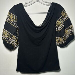 Free People Black Off Shoulder Blouse Gold Embroidery Puff Sleeves Size Small